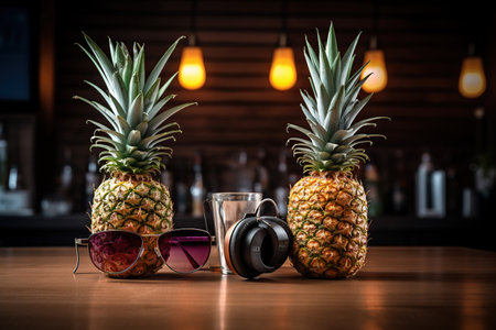 pineapples with sunglasses and headphones on the bar counter. summer concept. generative ai.の素材