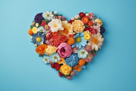 heart made of flowers on a blue background. Valentine's day concept. romance. love. generative ai.の素材