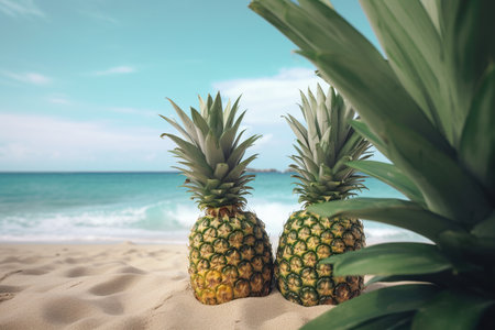 ripe pineapples in the sand on the beach near the ocean. summer concept. generative ai.の素材