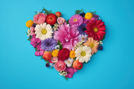 heart made of flowers on a blue background. Valentine's day concept. romance. love. generative ai.の素材