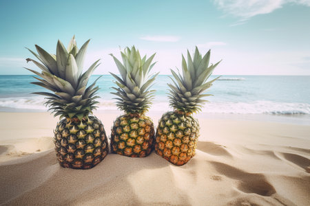 ripe pineapples in the sand on the beach near the ocean. summer concept. generative ai.の素材