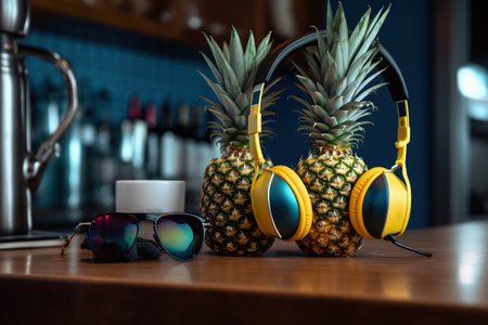 pineapples with sunglasses and headphones on the bar counter. summer concept. generative ai.の素材