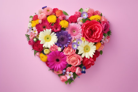 heart made of flowers on a pink background. Valentine's day concept. romance. love. generative ai.の素材