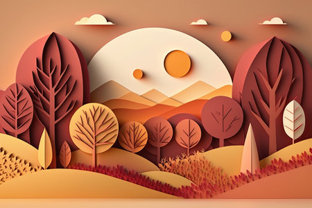 cardboard style. autumn landscape. trees with yellow leaves at sunrise in autumn. generative ai.の素材