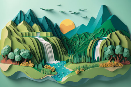 cardboard landscape. mountains with a waterfall in the summer season. purity of nature. generative ai.の素材