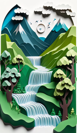 cardboard landscape. mountains with a waterfall in the summer season. purity of nature. generative ai.の素材