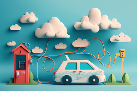cardboard wallpaper. eco car is charging. the concept of ecological transport. generative ai.の素材