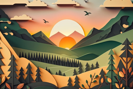 cardboard landscape. sunrise on green hills. generative ai.の素材