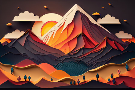 cardboard landscape. sunrise in the mountains. mountains in orange colors. mountain background. generative ai.の素材
