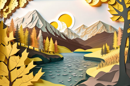 cardboard landscape. autumn forest through which a river flows against the background of mountains. generative ai.の素材