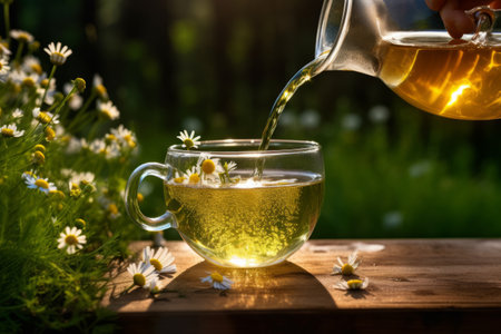 chamomile tea. Healthy chamomile tea is poured into a glass cup. A teapot, a bundle of heather and a glass jar of chamomile medicinal herbs. generative ai.の素材
