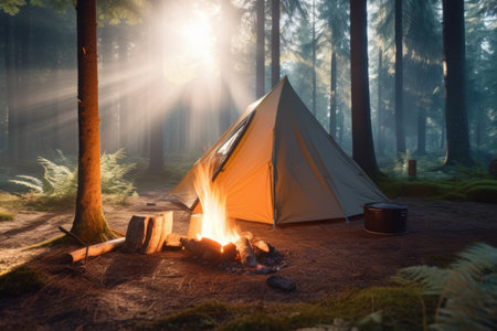 travel concept. bonfire near the tent in the forest .generative ai.の素材