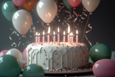 festive cake with candles on a background of balls. holiday concept. Birthday cake with candles on a colorful background. generative ai.の素材