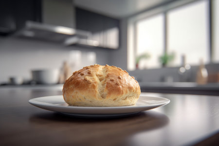 freshly baked bread on a plate in the kitchen. Round bread close-up. Freshly baked sourdough bread with a golden crust. Bakery context with delicious bread. confectionery. generative ai.の素材