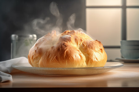 freshly baked bread on a plate in the kitchen. Round bread close-up. Freshly baked sourdough bread with a golden crust. Bakery context with delicious bread. confectionery. generative ai.の素材