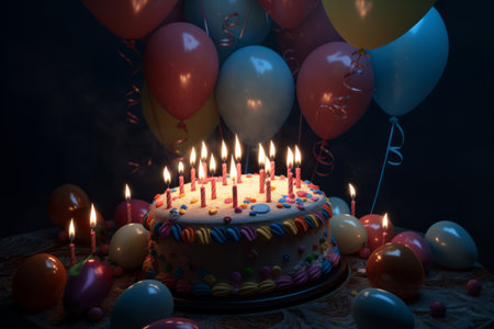 festive cake with candles on a background of balls. holiday concept. Birthday cake with candles on a colorful background. generative ai.の素材