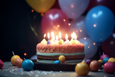 festive cake with candles on a background of balls. holiday concept. Birthday cake with candles on a colorful background. generative ai.の素材
