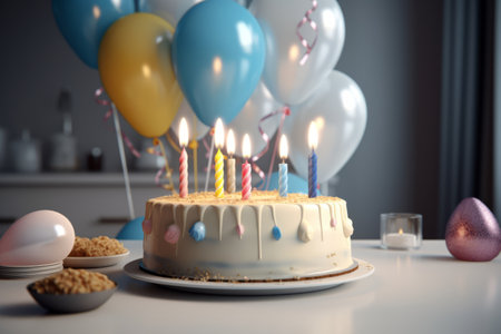 festive cake with candles on a background of balls. holiday concept. Birthday cake with candles on a colorful background. generative ai.の素材