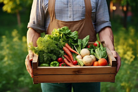 farmer holding a wooden box with fresh vegetables on the background of the garden. Healthy food concept. generative ai.の素材
