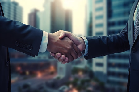 businessmen shake hands on the background of the city. business concept. conclusion of a contract. generative ai.の素材
