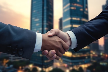 businessmen shake hands on the background of the city. business concept. conclusion of a contract. generative ai.の素材
