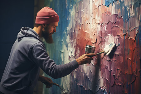 A male artist paints a large art picture in rich colors. The concept of mystery. generative ai.の素材