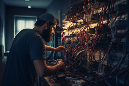 a male master electrician repairs a light in an electronic panel. generative ai.の素材