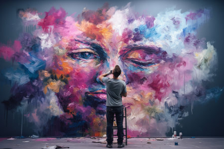 a male artist paints a large picture, a portrait of a man. art artists generative ai.の素材