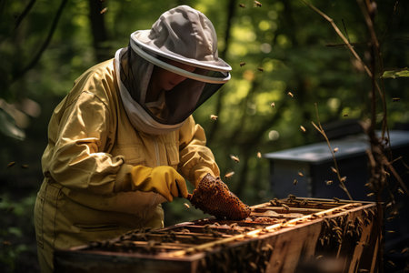 beekeeper care of bee apiary. natural honey. generative ai.の素材