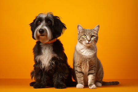 dog and cat with black fur on a yellow background. pet concept. generative ai.の素材
