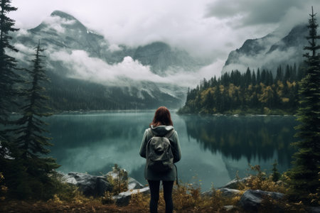 girl with mountain gear in front of a mountain lake in the forest. Travel concept. generative ai.の素材