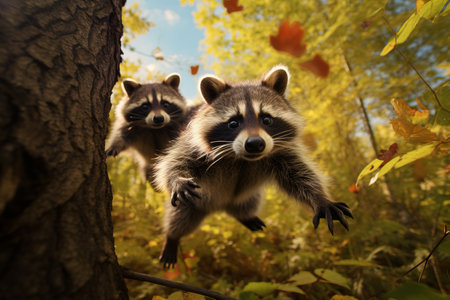 A raccoon is lured from a tree. wild animals. generative ai.の素材