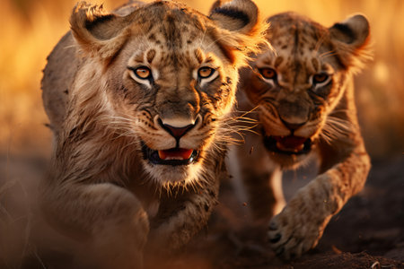 lioness with small lion cubs close-up. wild animals. generative ai.の素材