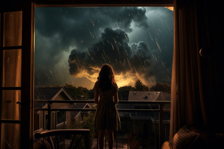 a girl on the balcony against the background of an approaching thunderstorm. generative ai.の素材