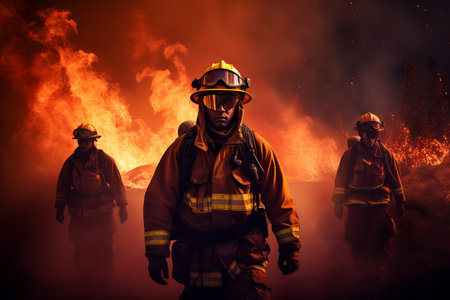 firefighters in a forest fire. cataclysm. generative ai.の素材