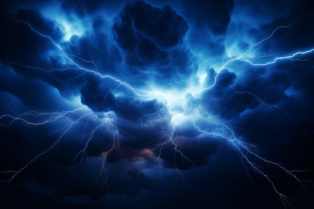 dark blue clouds with lightning. bad weather background climate. generative ai.の素材