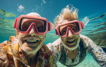 travel concept. Senior man and woman in sea goggles underwater. generative ai.の素材