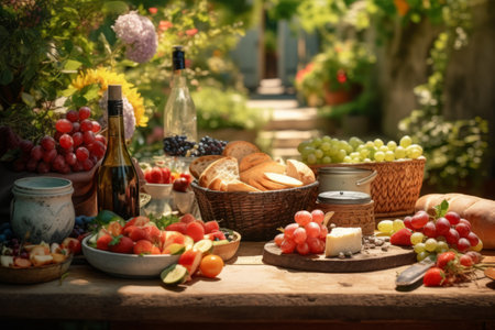 The table is filled with different fruits in the garden. Reading hobby concept. generative ai.の素材
