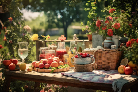The table is filled with different fruits in the garden. Reading hobby concept. generative ai.の素材