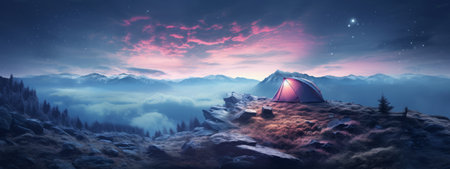 Travel concept. A tent on top of a mountain at a beautiful sunrise. morning fog over the mountains. generative ai.の素材