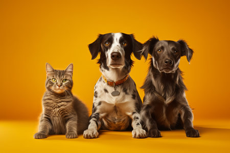 a dog with a cat on a yellow background. Pet concept. generative ai.の素材
