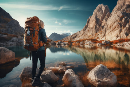 A girl in mountain gear in front of a mountain lake in the mountains. Travel concept. generative ai.の素材