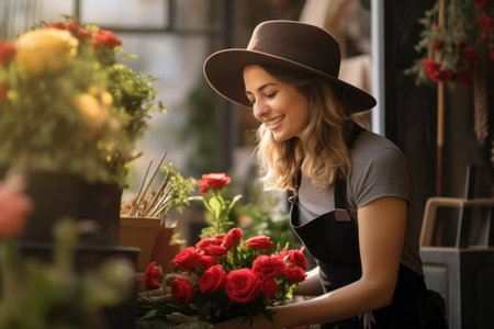 A girl florist with flowers in a flower shop makes a bouquet. Valentine's day concept. generative ai.の素材