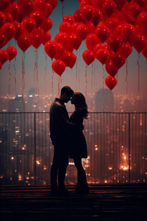 A couple in love is kissing on the street against the background of balls in the form of hearts. Valentine's day concept. generative ai.の素材