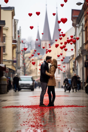 Romantic couple in love walking on the street with red hearts.の素材