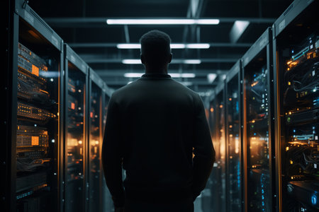 Businessman in data center with servers, technology concept.の素材