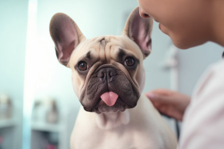 Close-up of a cute pug dog with tongue out, receiving affection from a person, with a blurred background.の素材