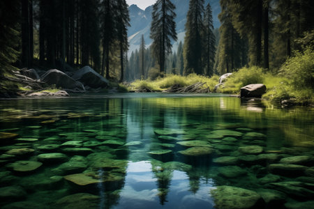 Tranquil forest lake with clear water and submerged stones, surrounded by tall trees and mountains in the distance.の素材
