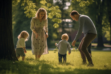 Family enjoying a sunny day in the park, with parents watching two toddlers walking on the grass.の素材