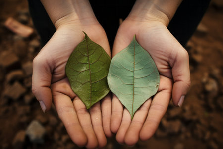 Two hands holding contrasting green leaves against a natural brown background, symbolizing choice and environment.の素材